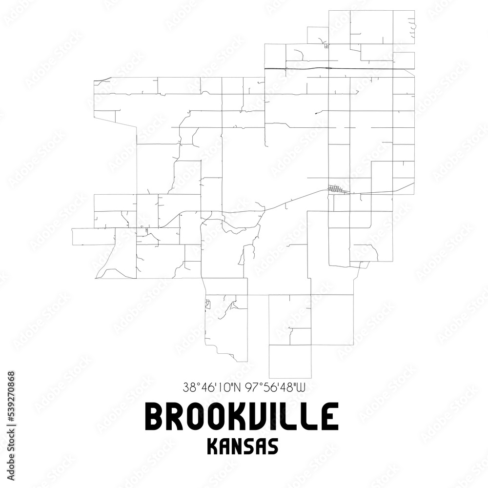 Brookville Kansas. US street map with black and white lines.