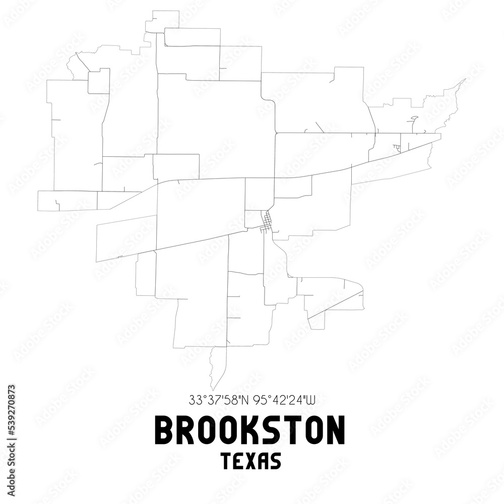 Brookston Texas. US street map with black and white lines.