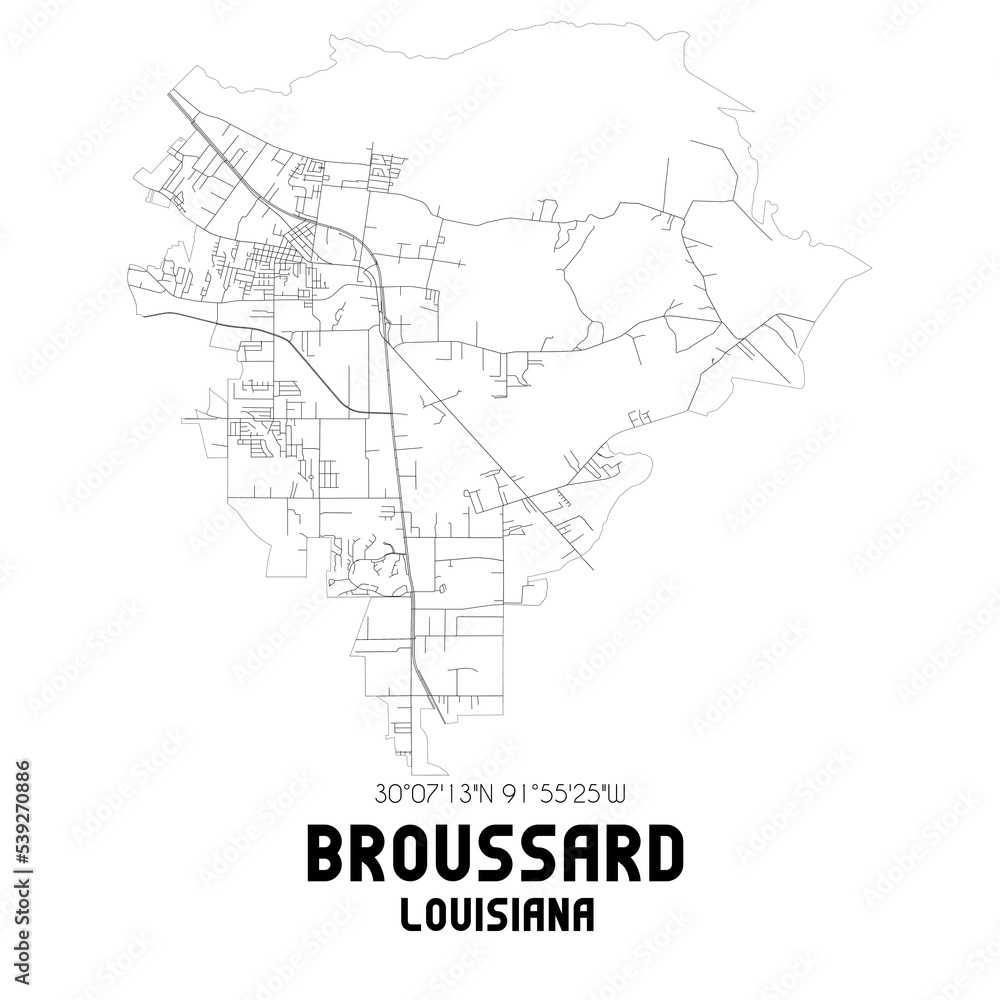 Broussard Louisiana. US street map with black and white lines.