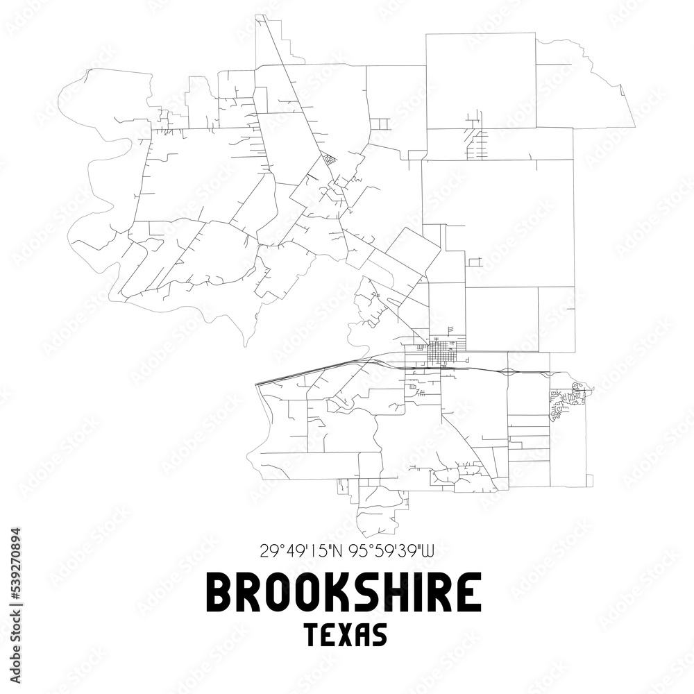 Brookshire Texas. US street map with black and white lines.
