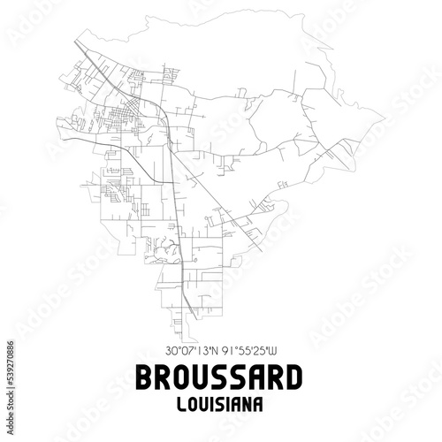 Broussard Louisiana. US street map with black and white lines.