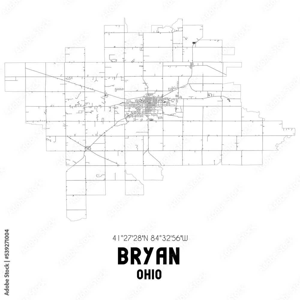 Bryan Ohio. US street map with black and white lines.