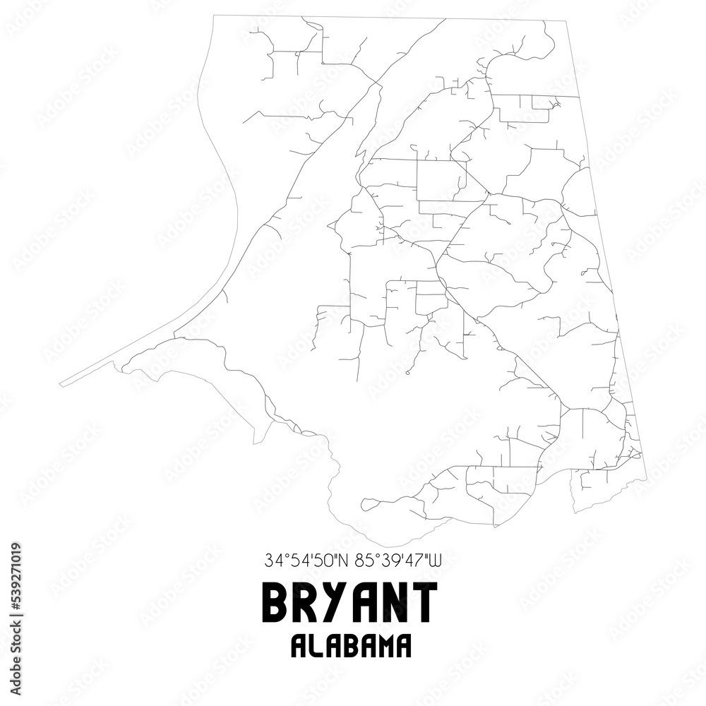 Bryant Alabama. US street map with black and white lines.