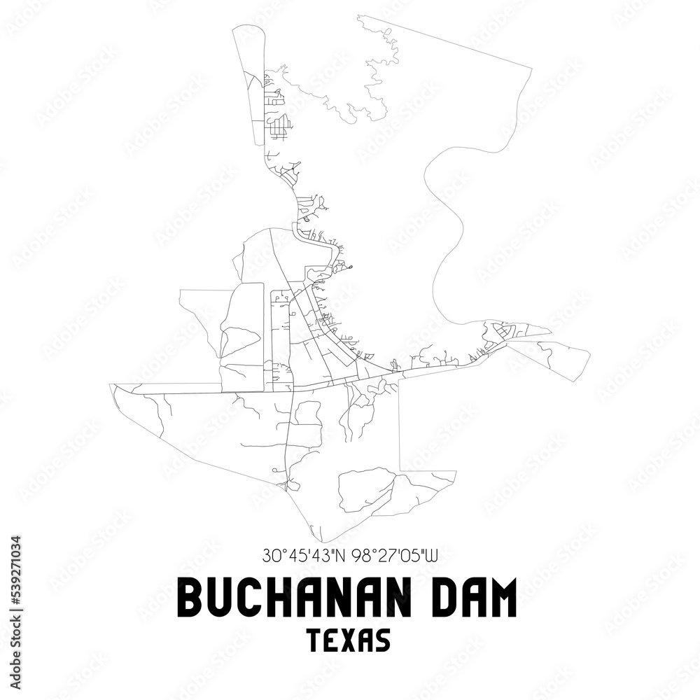Buchanan Dam Texas. US street map with black and white lines.