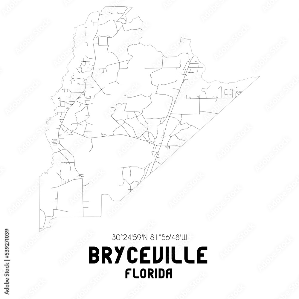 Bryceville Florida. US street map with black and white lines.