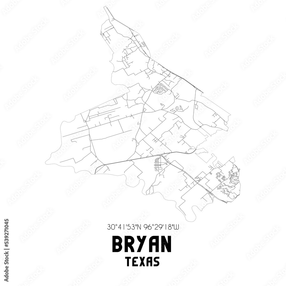 Bryan Texas. US street map with black and white lines.