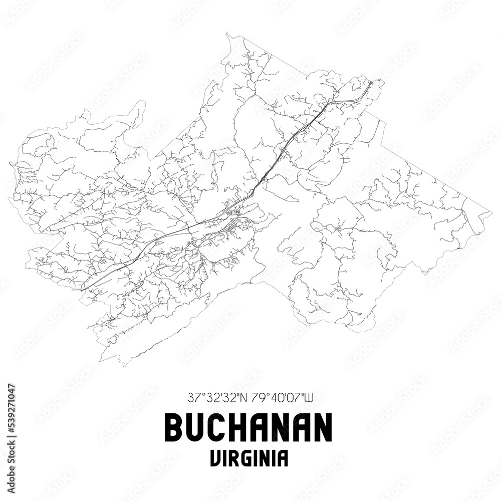 Buchanan Virginia. US street map with black and white lines.