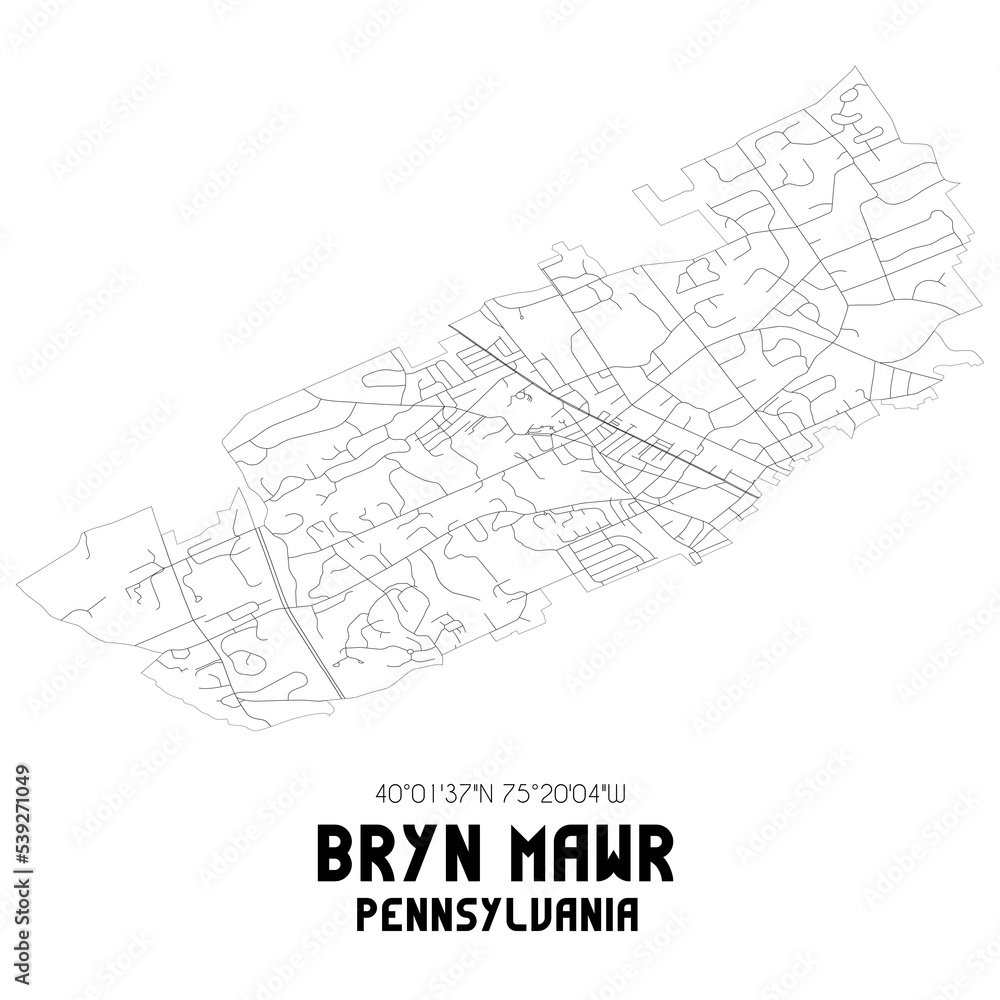 Bryn Mawr Pennsylvania. US street map with black and white lines.