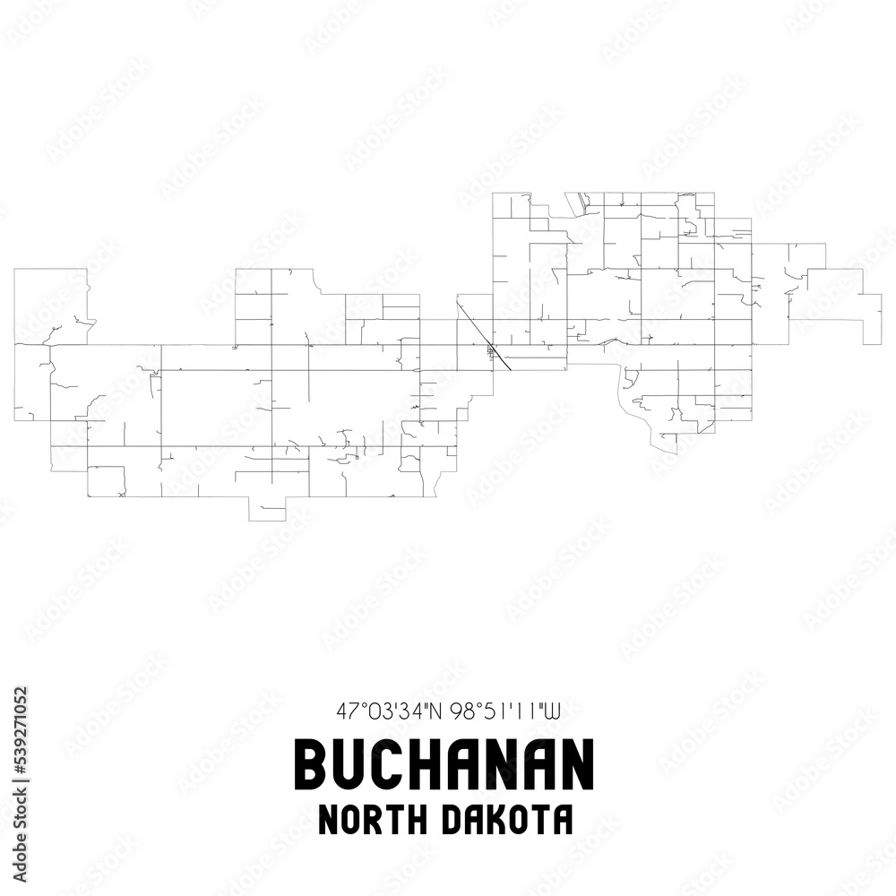 Buchanan North Dakota. US street map with black and white lines.
