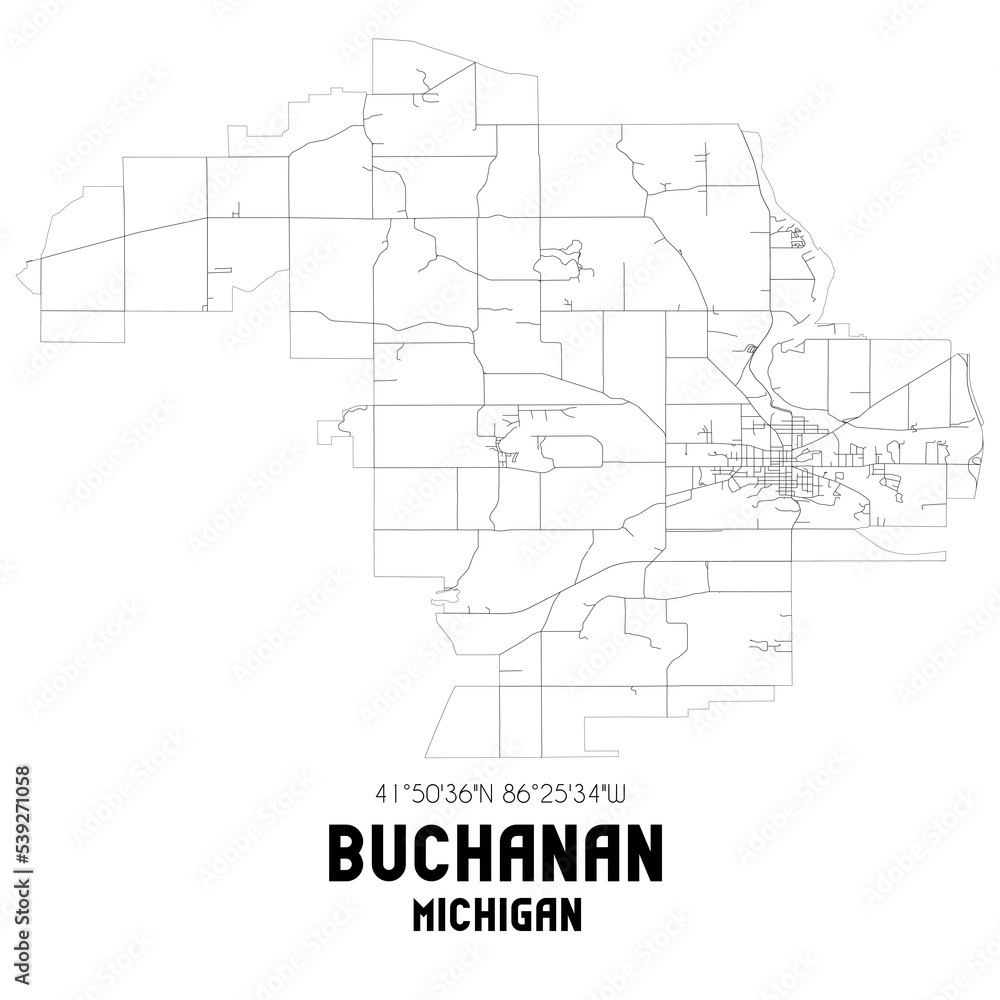 Buchanan Michigan. US street map with black and white lines.