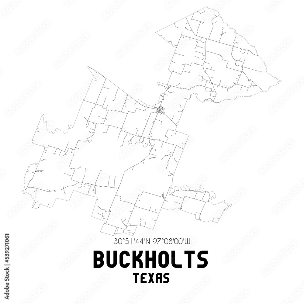 Buckholts Texas. US street map with black and white lines.