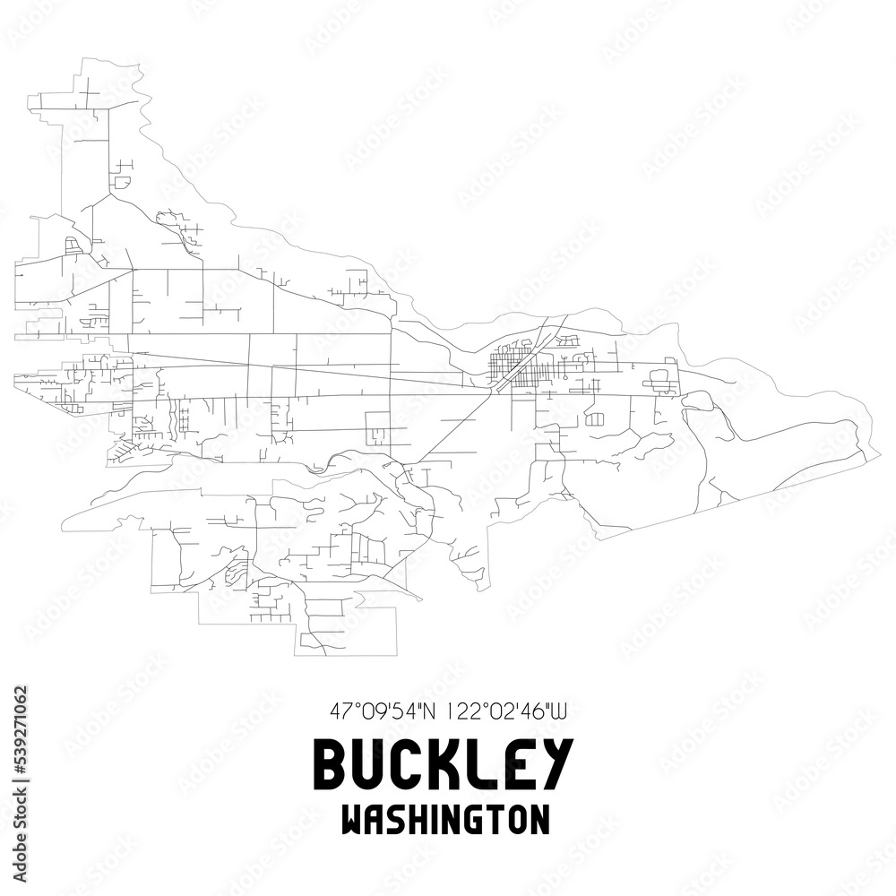 Buckley Washington. US street map with black and white lines.
