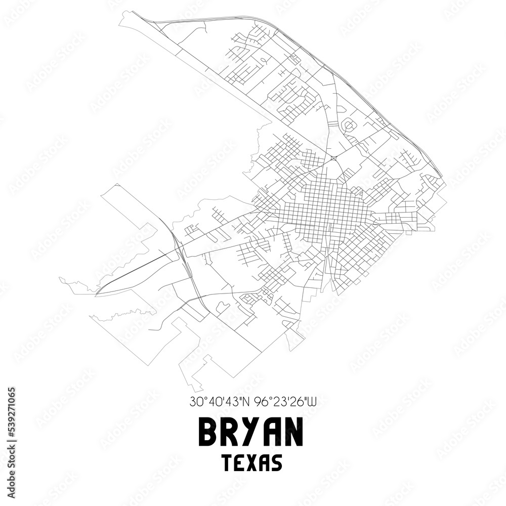 Bryan Texas. US street map with black and white lines.