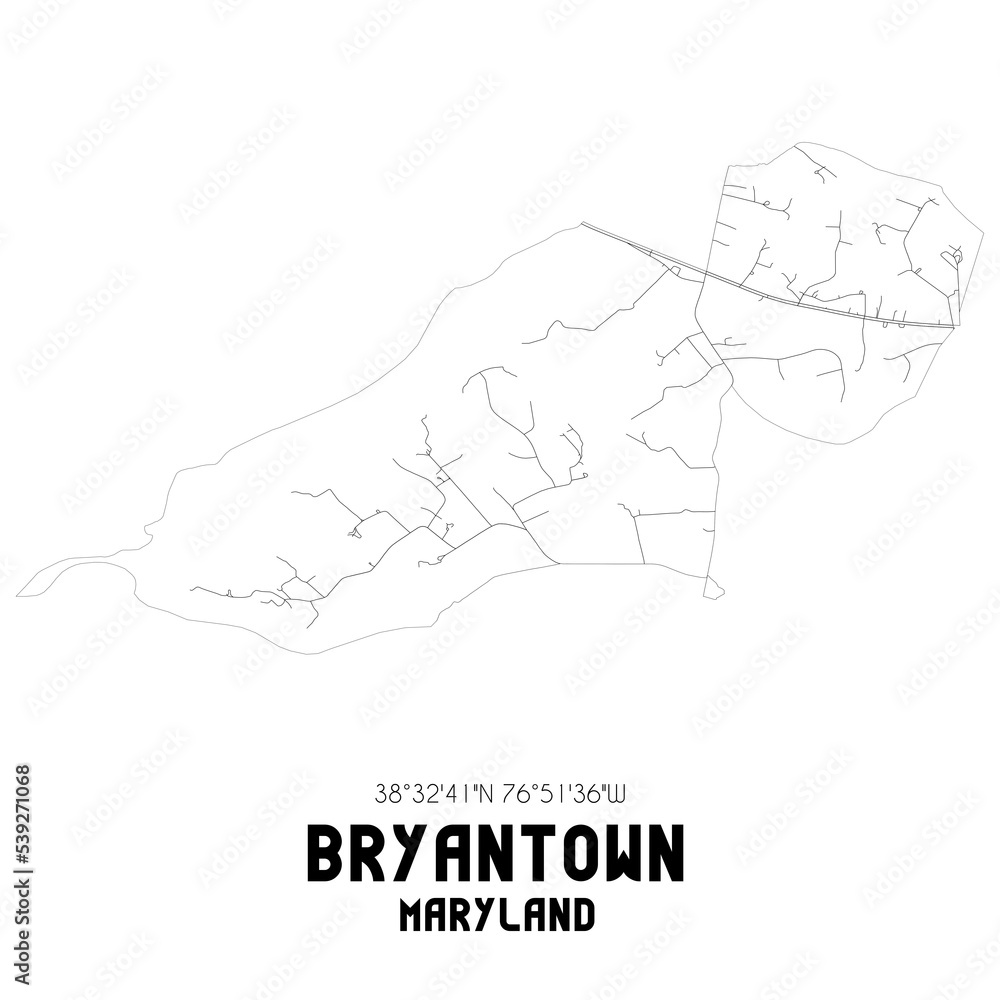 Bryantown Maryland. US street map with black and white lines.