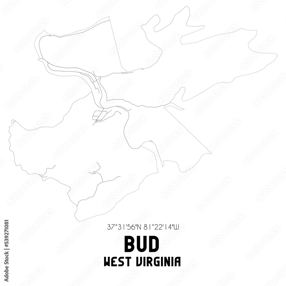 Bud West Virginia. US street map with black and white lines.