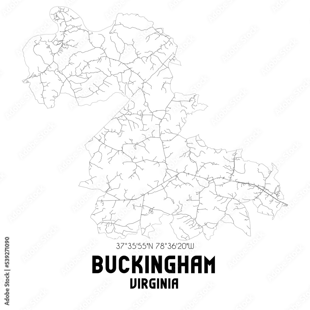 Buckingham Virginia. US street map with black and white lines.