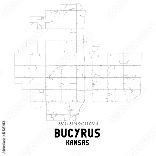 Bucyrus Kansas. US street map with black and white lines.