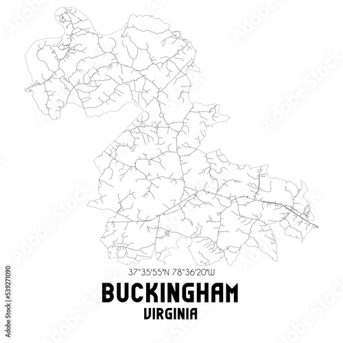 Buckingham Virginia. US street map with black and white lines.