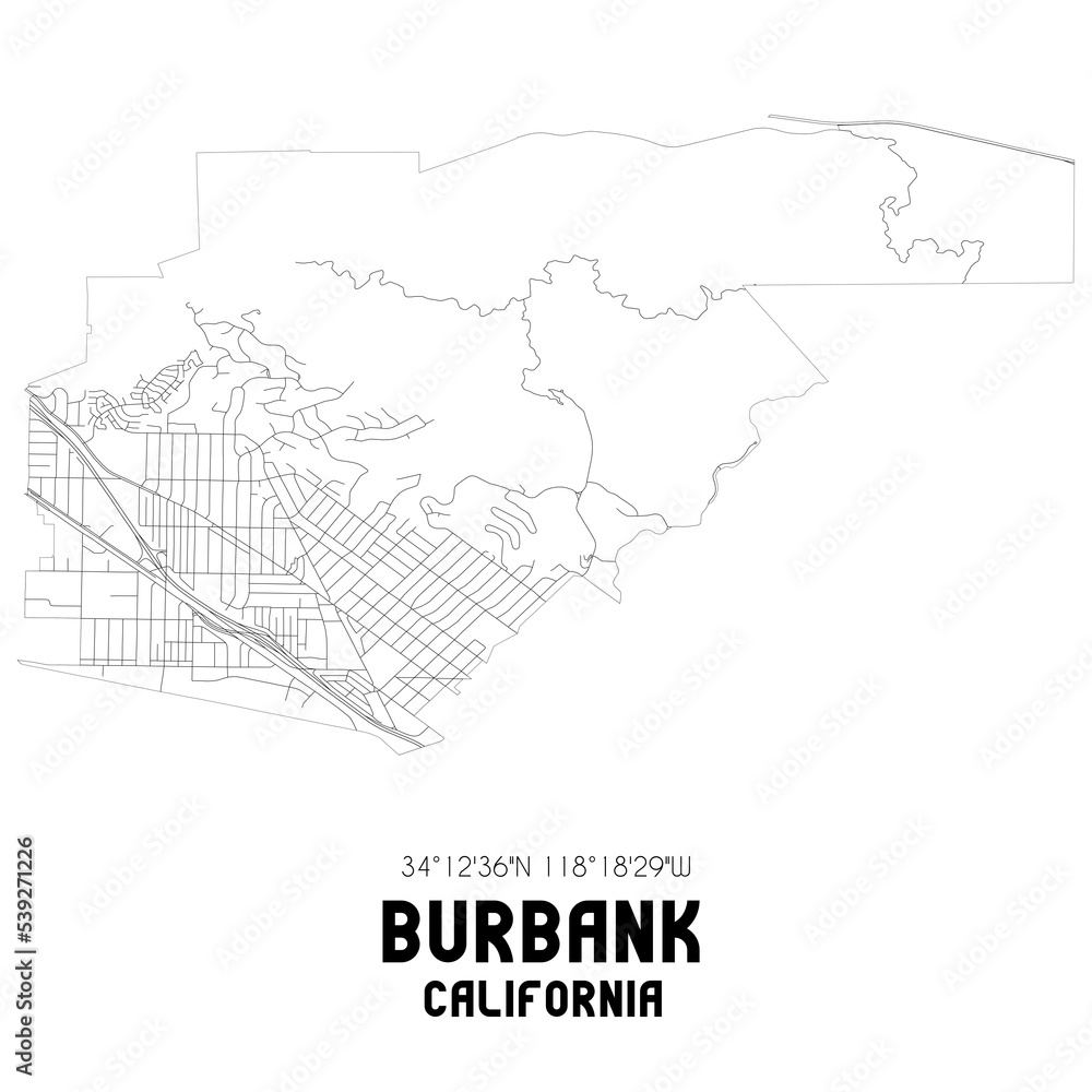 Burbank California. US street map with black and white lines.