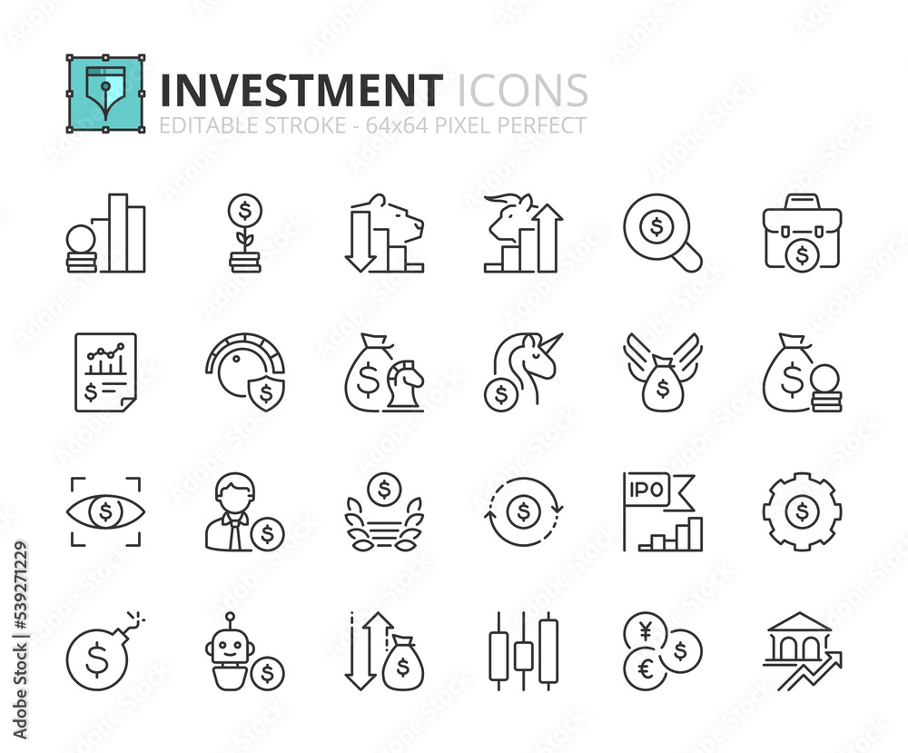 Simple set of outline icons about investment. Financial concept. Simple set of outline icons about investment. Financial concept.
