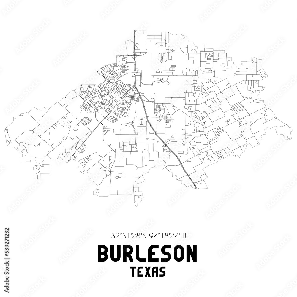 Burleson Texas. US street map with black and white lines.