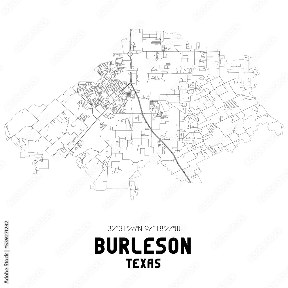 Burleson Texas. US street map with black and white lines. Burleson Texas. US street map with black and white lines.