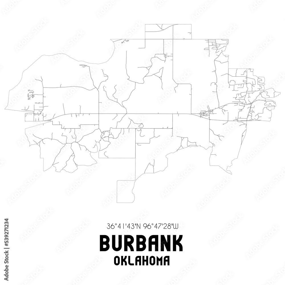 Burbank Oklahoma. US street map with black and white lines.