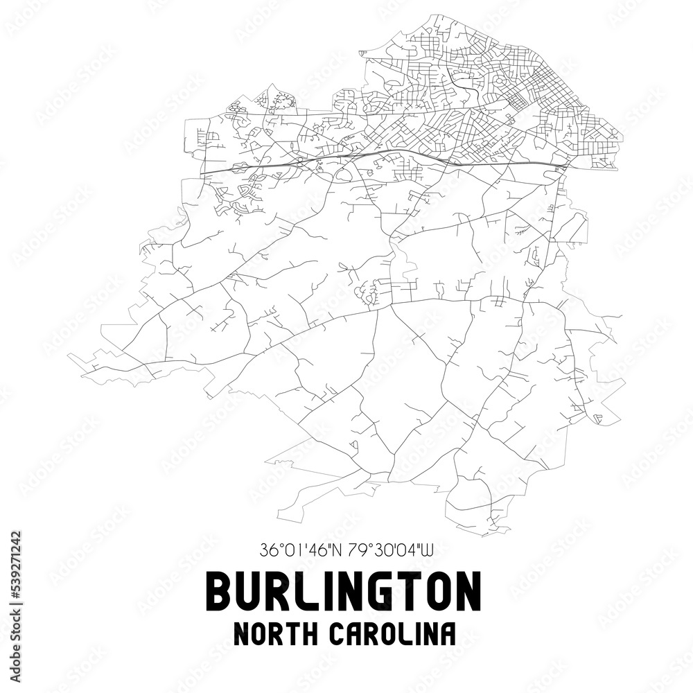 Burlington North Carolina. US street map with black and white lines.