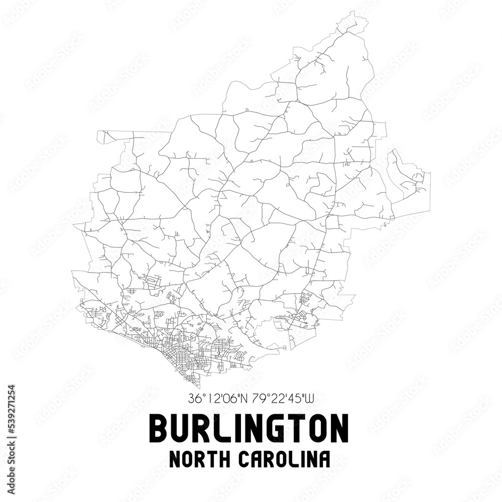 Burlington North Carolina. US street map with black and white lines