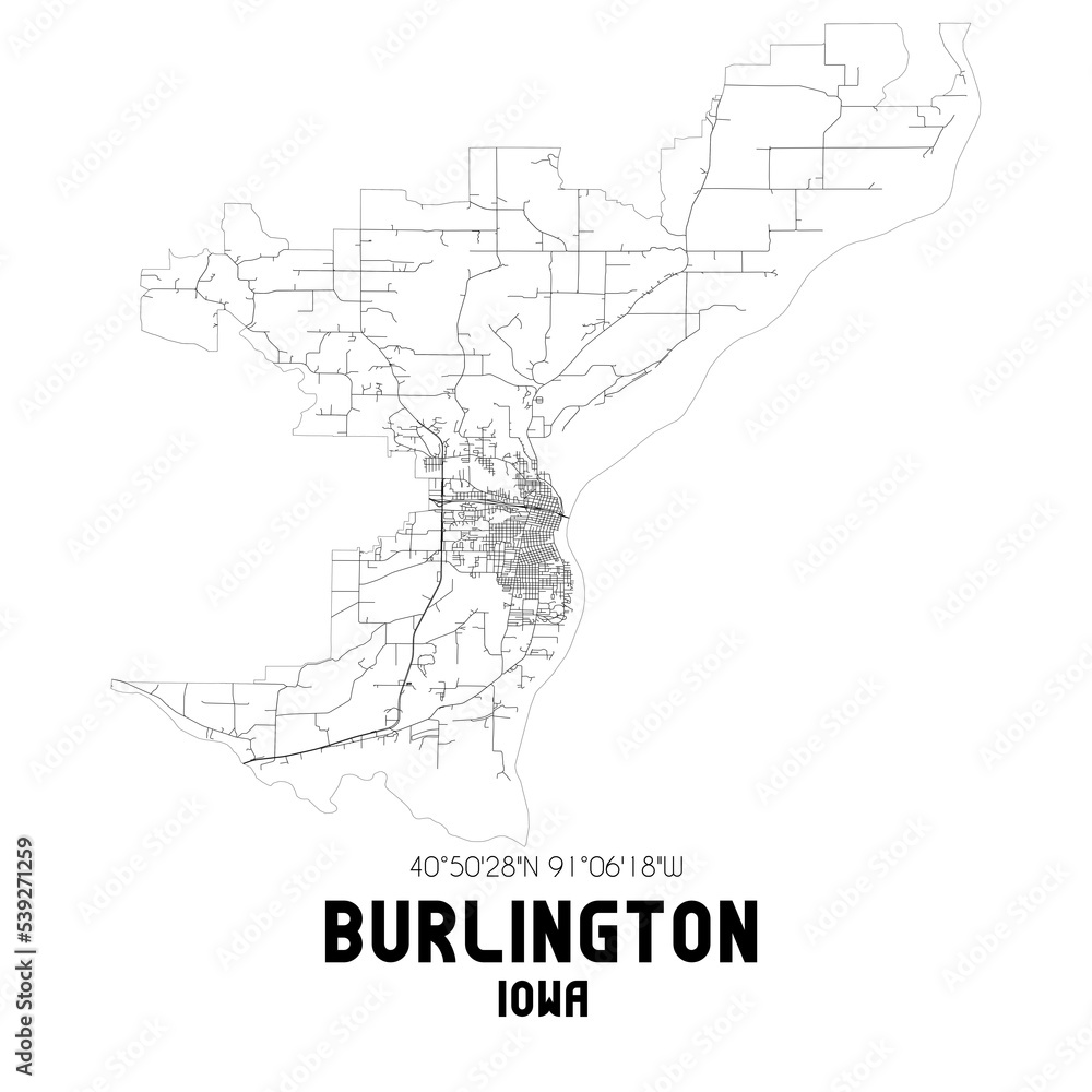 Burlington Iowa. US street map with black and white lines.