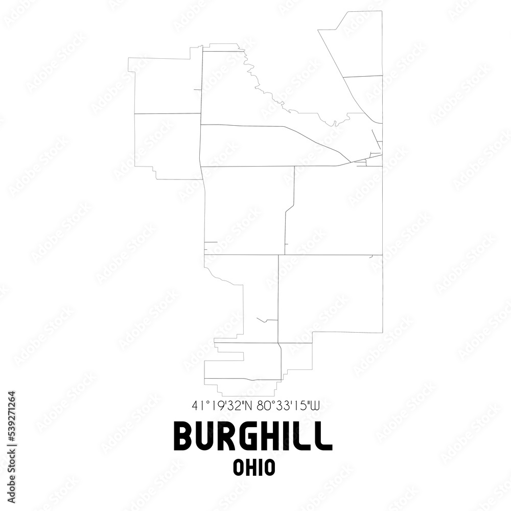 Burghill Ohio. US street map with black and white lines.