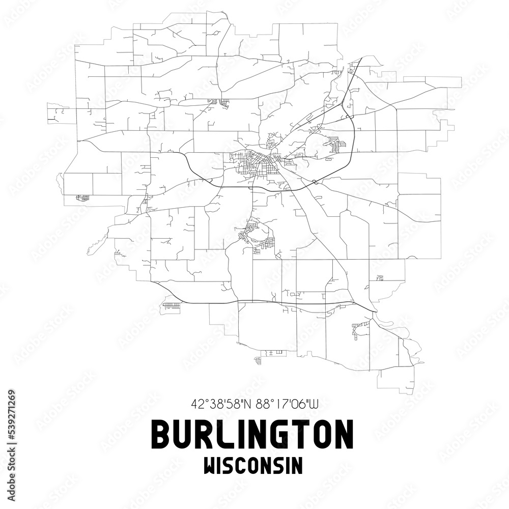 Burlington Wisconsin. US street map with black and white lines.