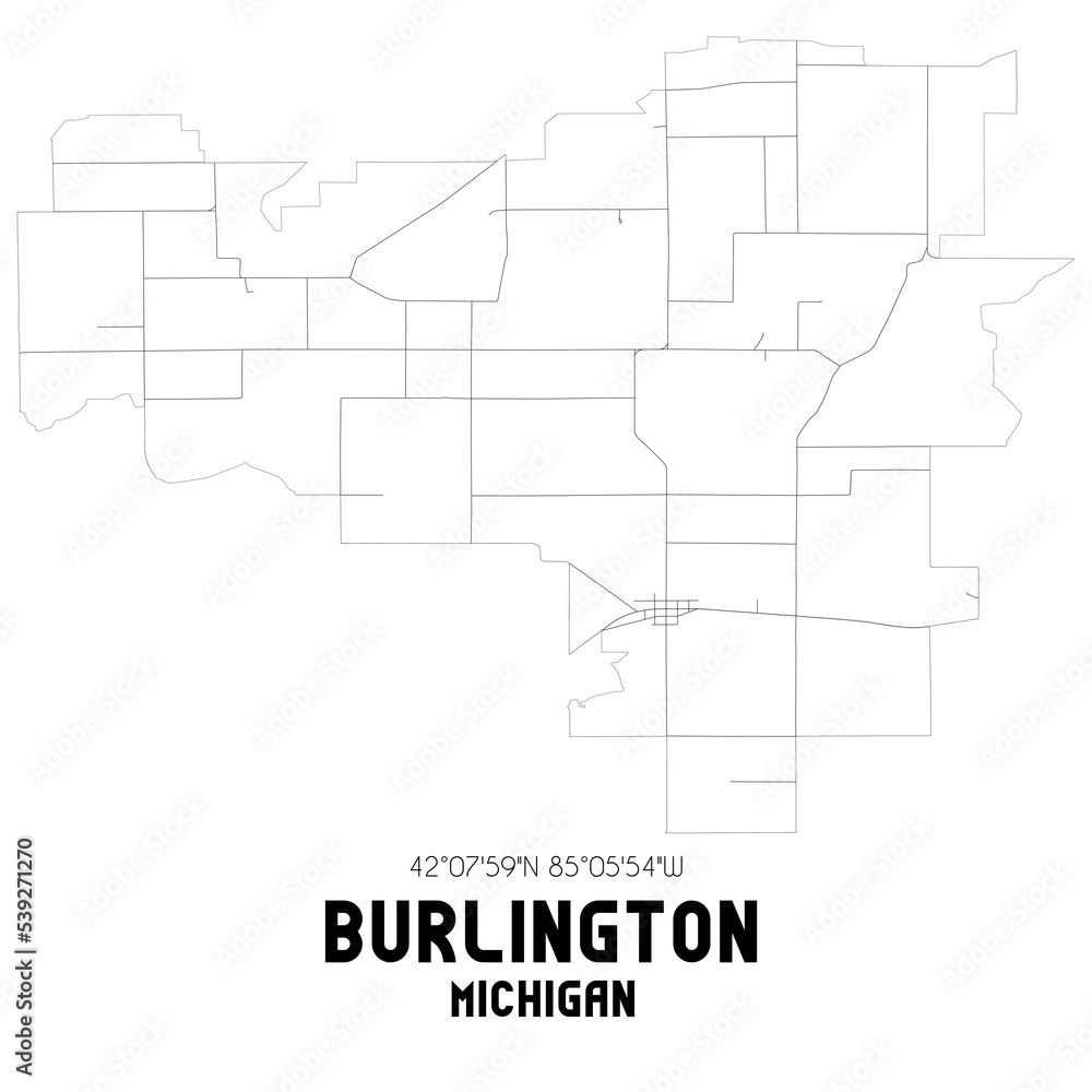 Burlington Michigan. US street map with black and white lines.