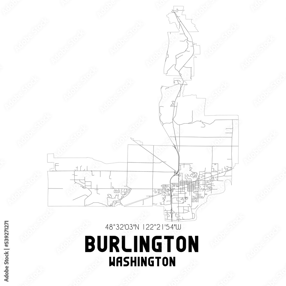 Burlington Washington. US street map with black and white lines.