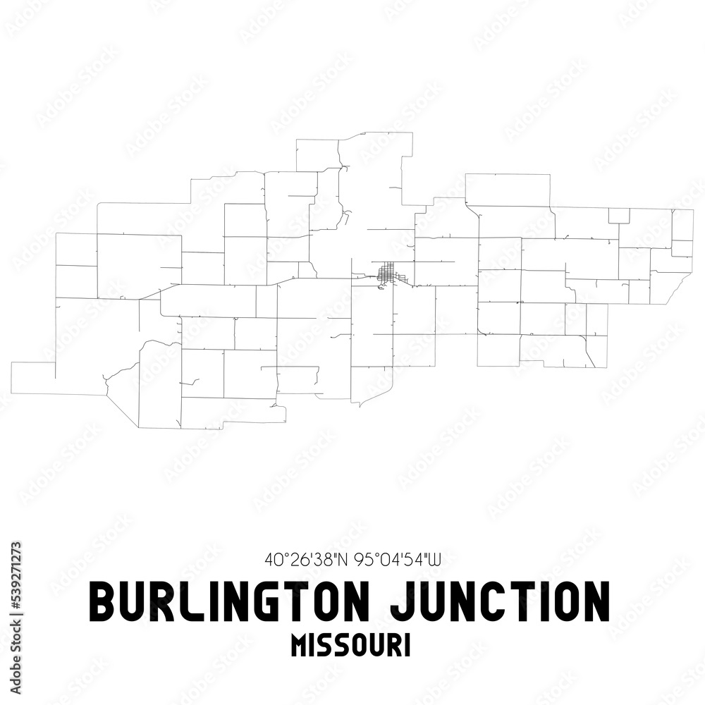 Burlington Junction Missouri. US street map with black and white lines.