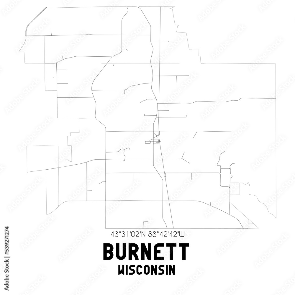 Burnett Wisconsin. US street map with black and white lines.