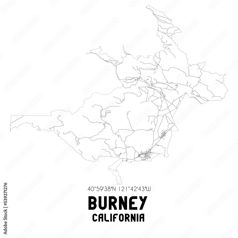 Burney California. US street map with black and white lines.