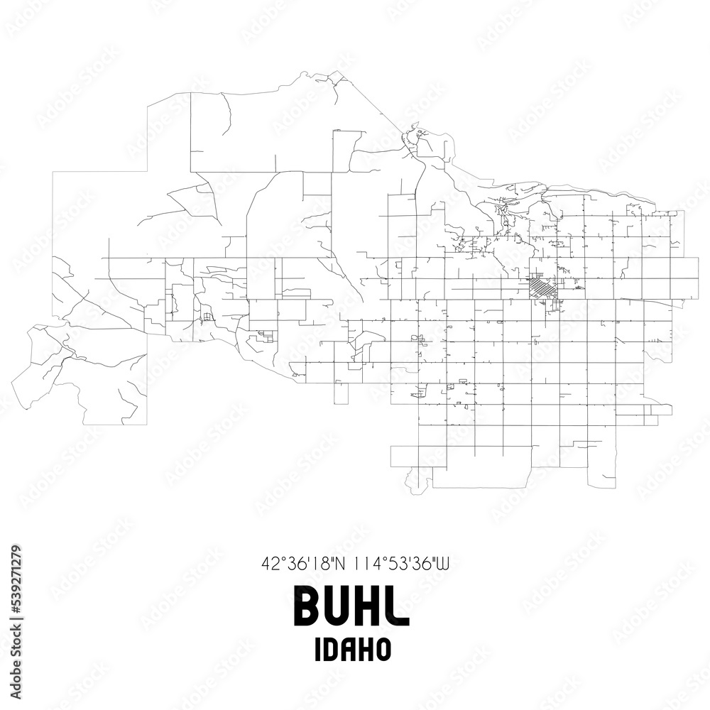 Buhl Idaho. US street map with black and white lines.