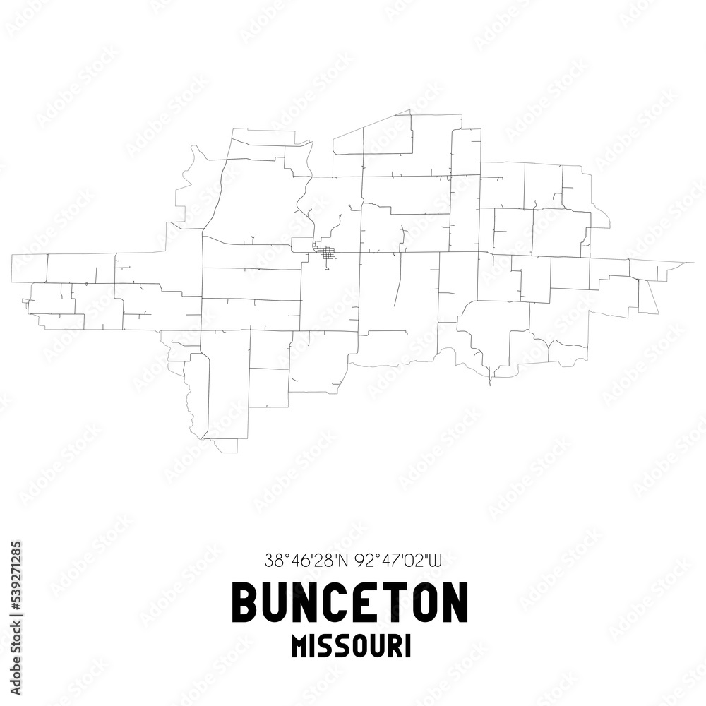 Bunceton Missouri. US street map with black and white lines.