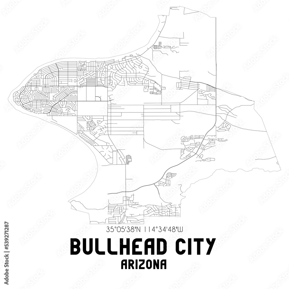 Bullhead City Arizona. US street map with black and white lines.