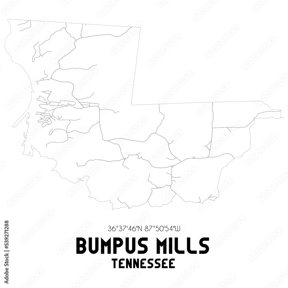 Bumpus Mills Tennessee. US street map with black and white lines.