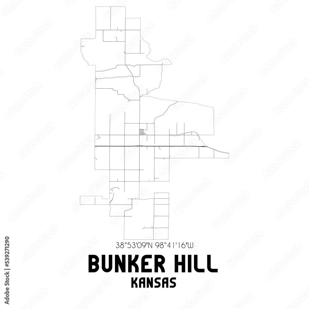Bunker Hill Kansas. US street map with black and white lines.