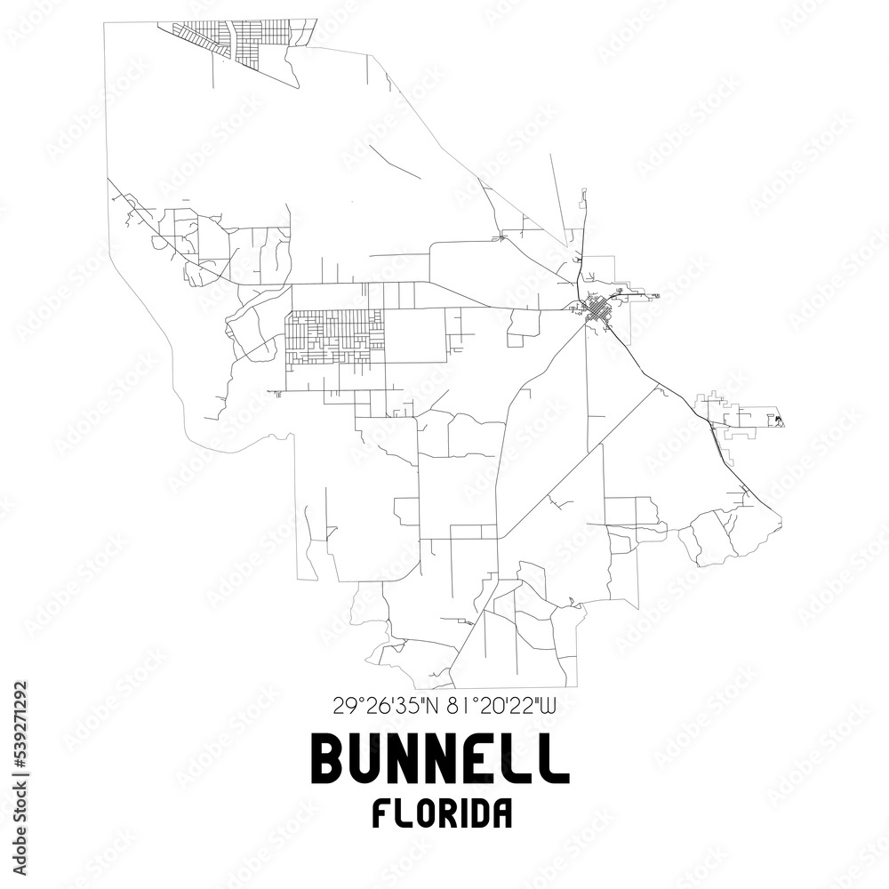 Bunnell Florida. US street map with black and white lines.