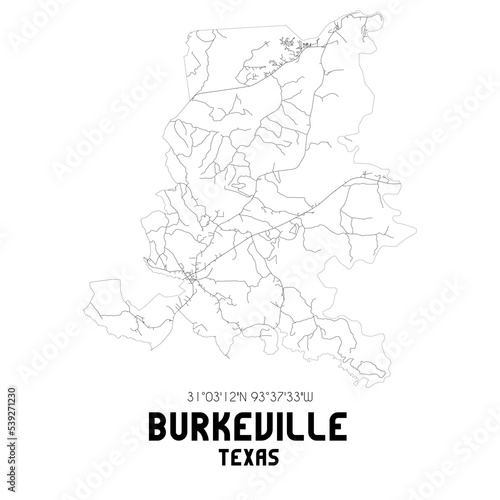 Burkeville Texas. US street map with black and white lines.