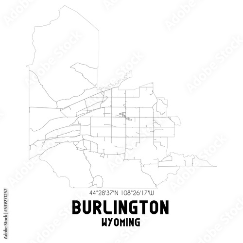 Burlington Wyoming. US street map with black and white lines.