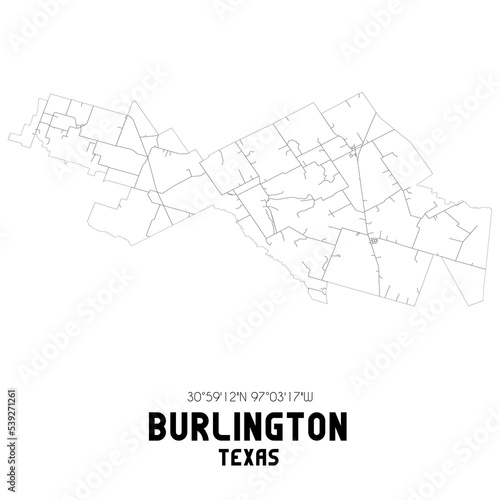 Burlington Texas. US street map with black and white lines.