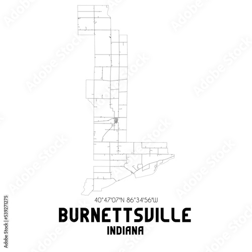 Burnettsville Indiana. US street map with black and white lines.