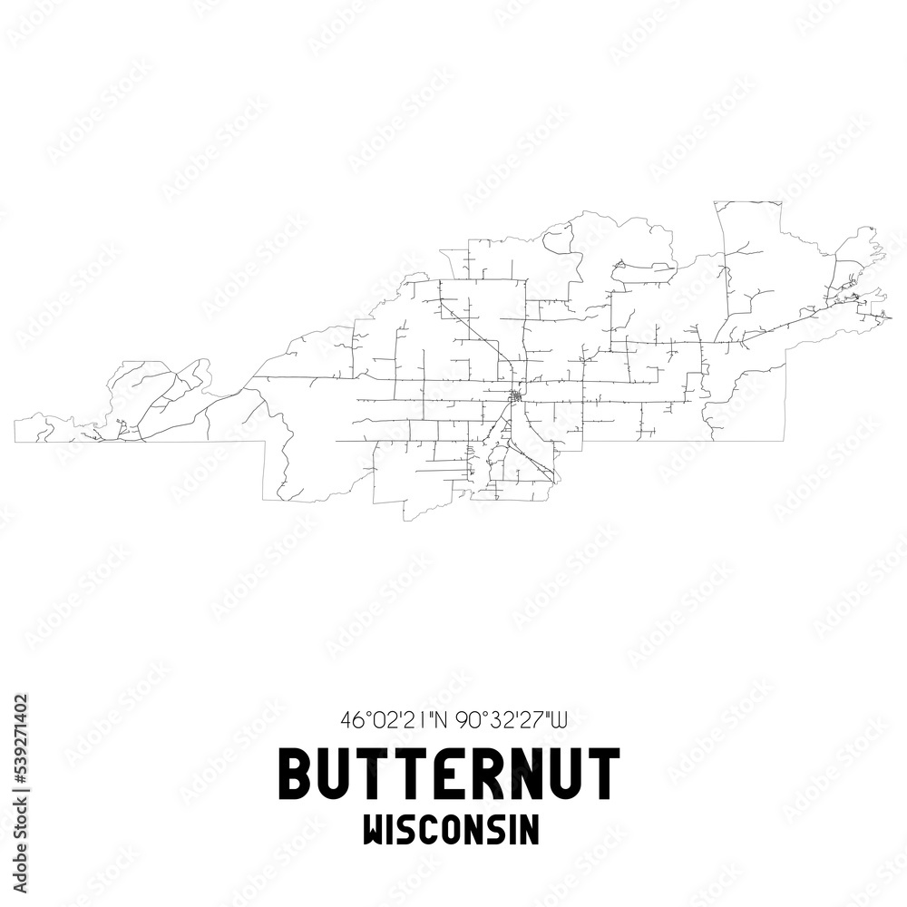 Butternut Wisconsin. US street map with black and white lines.