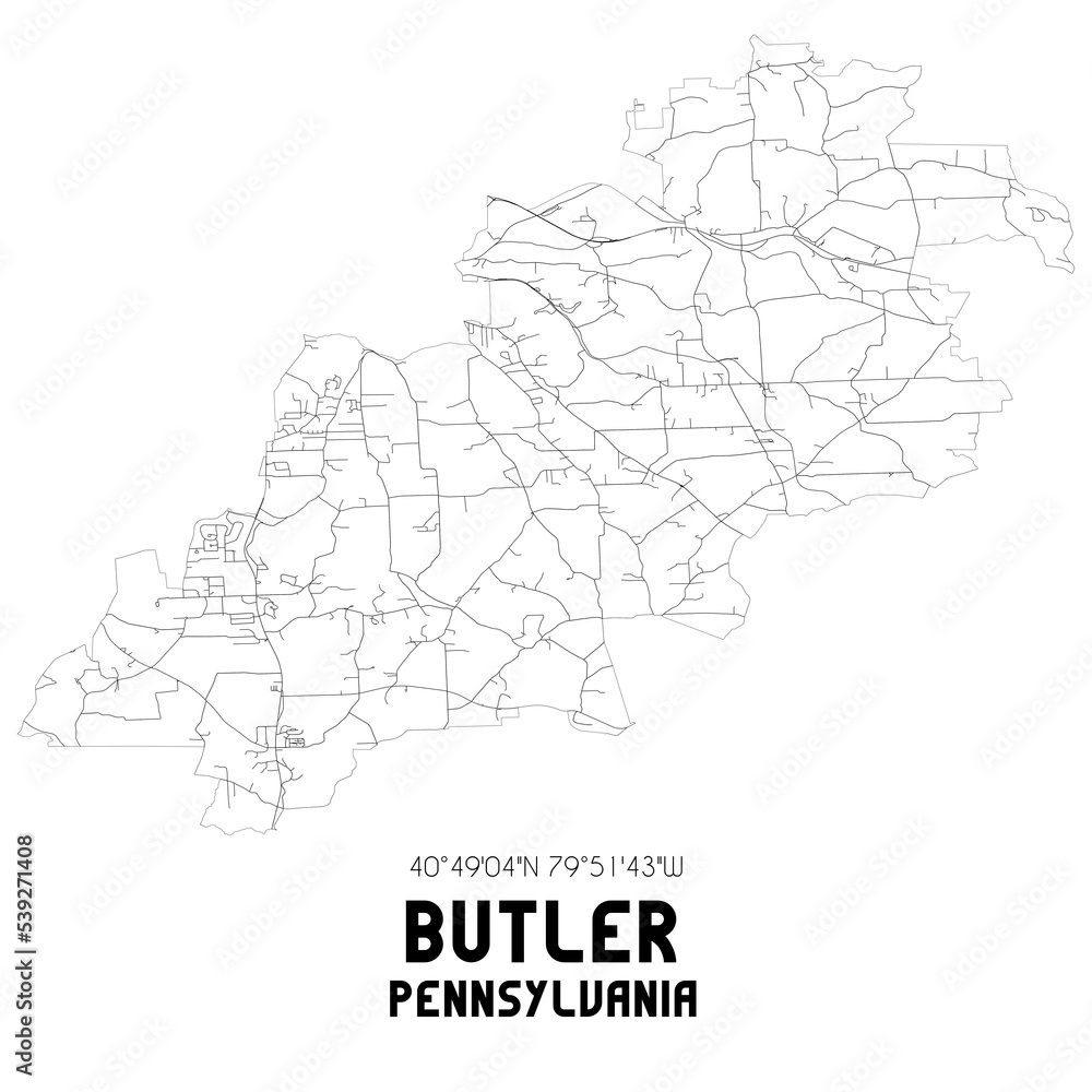 Butler Pennsylvania. US street map with black and white lines.