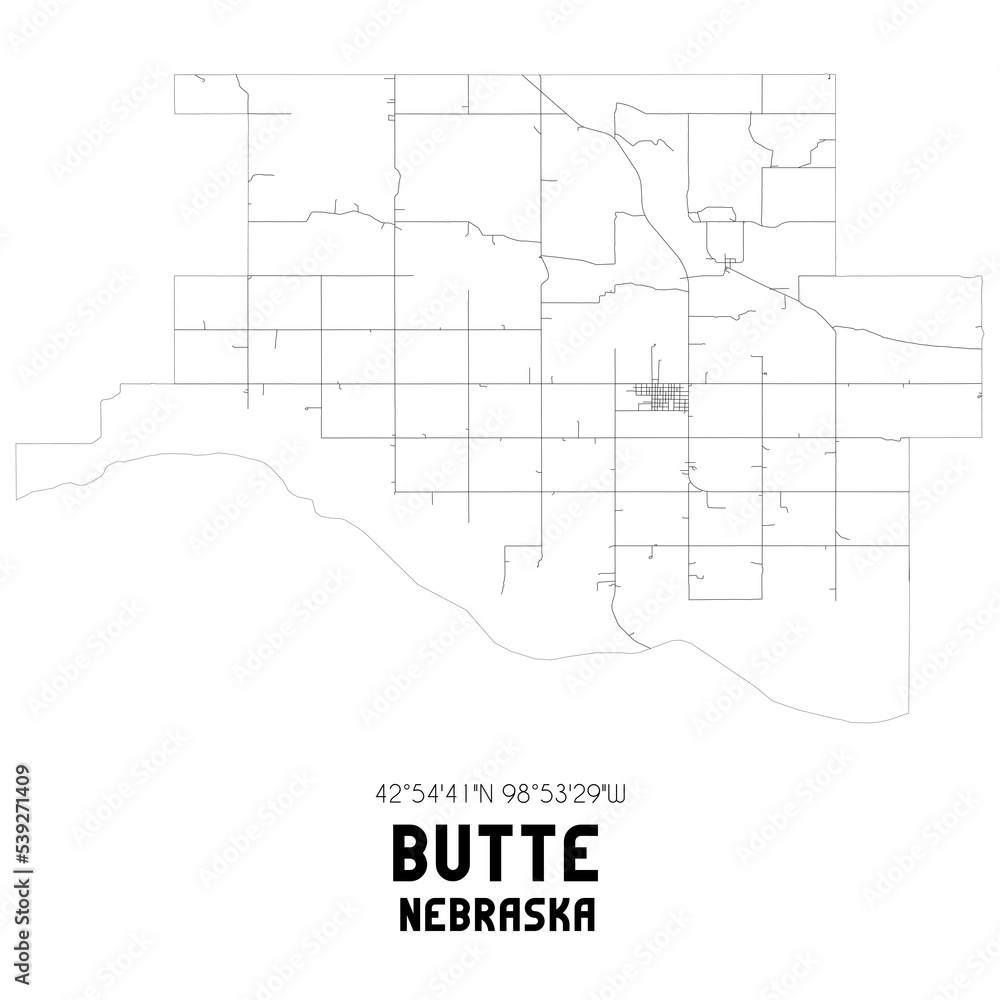 Butte Nebraska. US street map with black and white lines. Butte Nebraska. US street map with black and white lines.